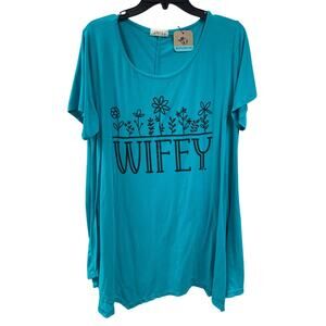 Upcycled Hand Printed Womens Plus Size 3X Wifey w Flowers Short Sleeve Tee Shirt